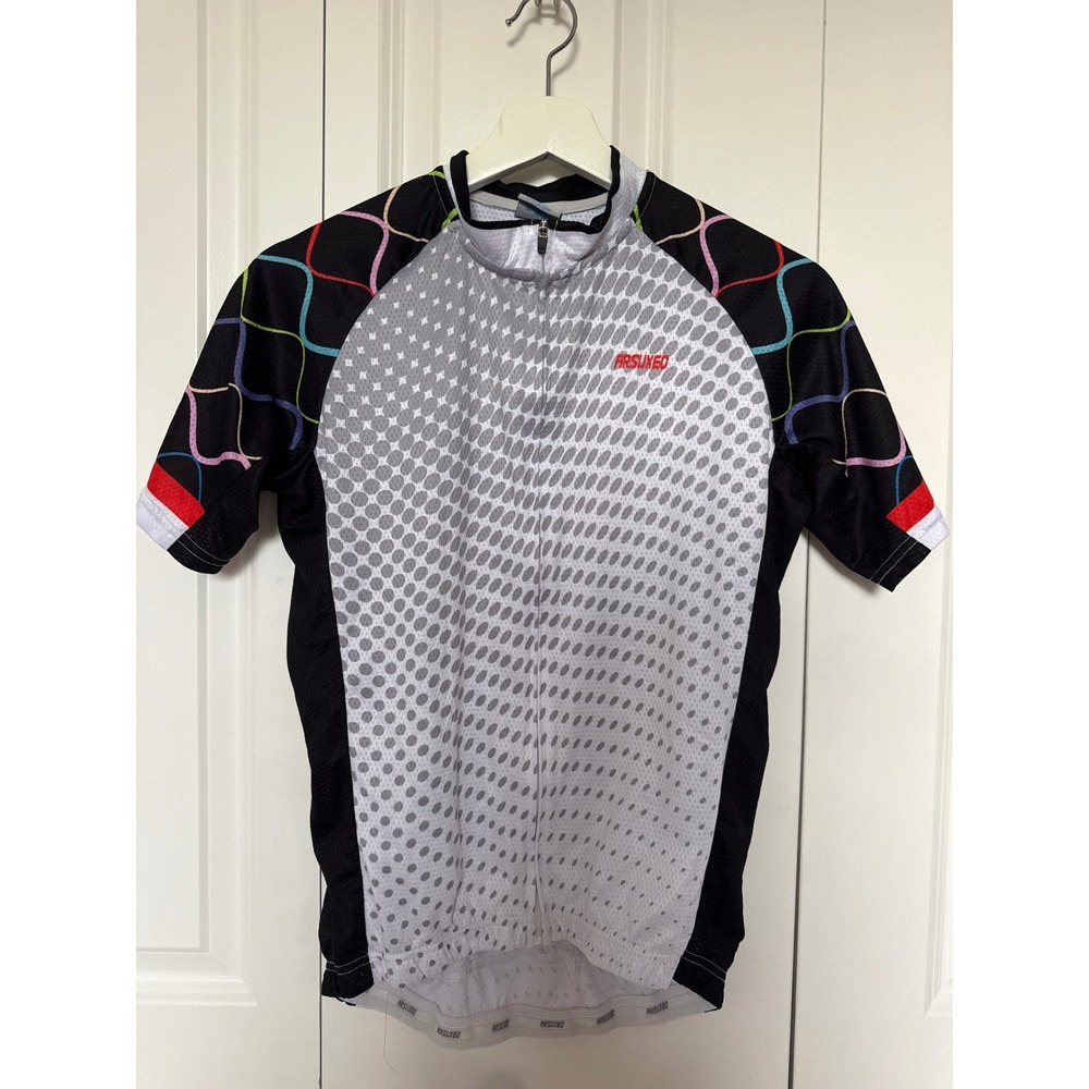 Arsuxeo Mens Cycling Jersey Short Sleeve Full Zip Geometric Print Grey Black S